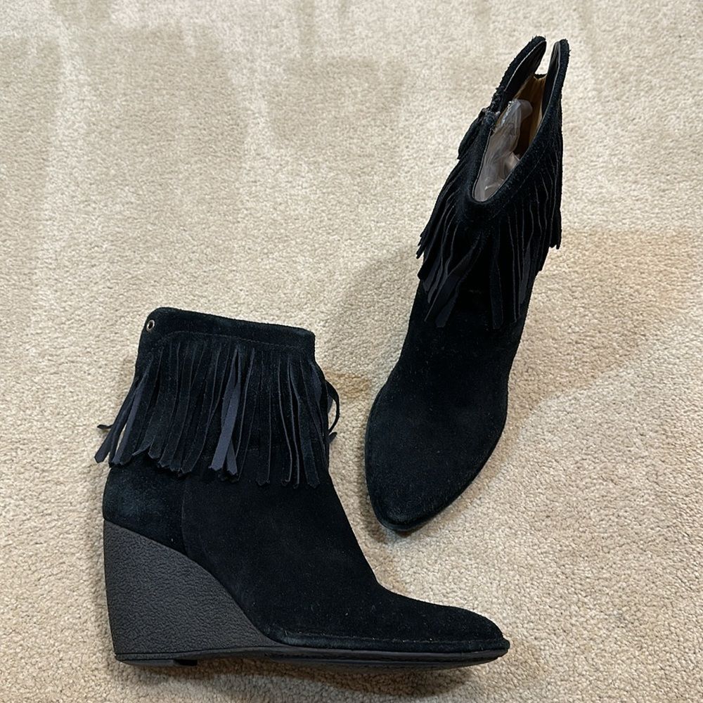 Via Spiga Black Wedge Fringe Bohemian Western Boots Women Size 9.5M